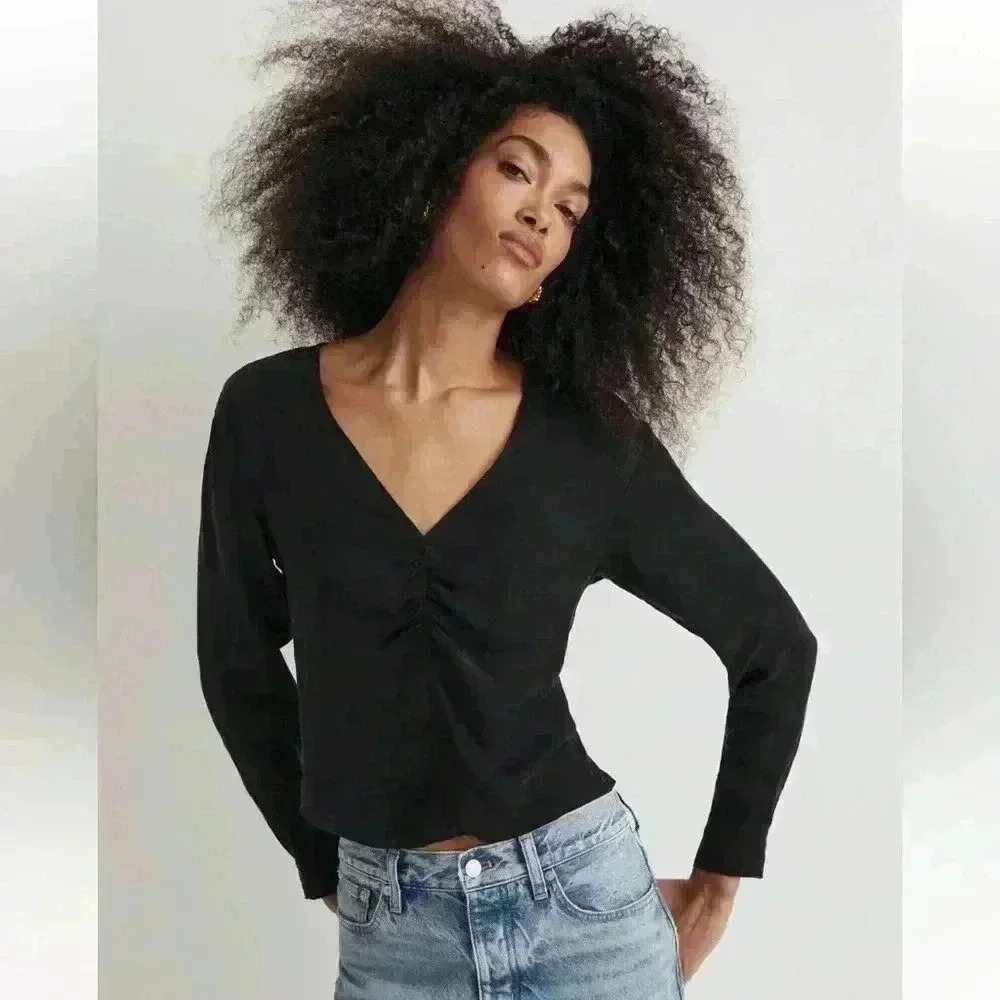 Madewell Brushed Ruched-Front Top in True Black Size 6